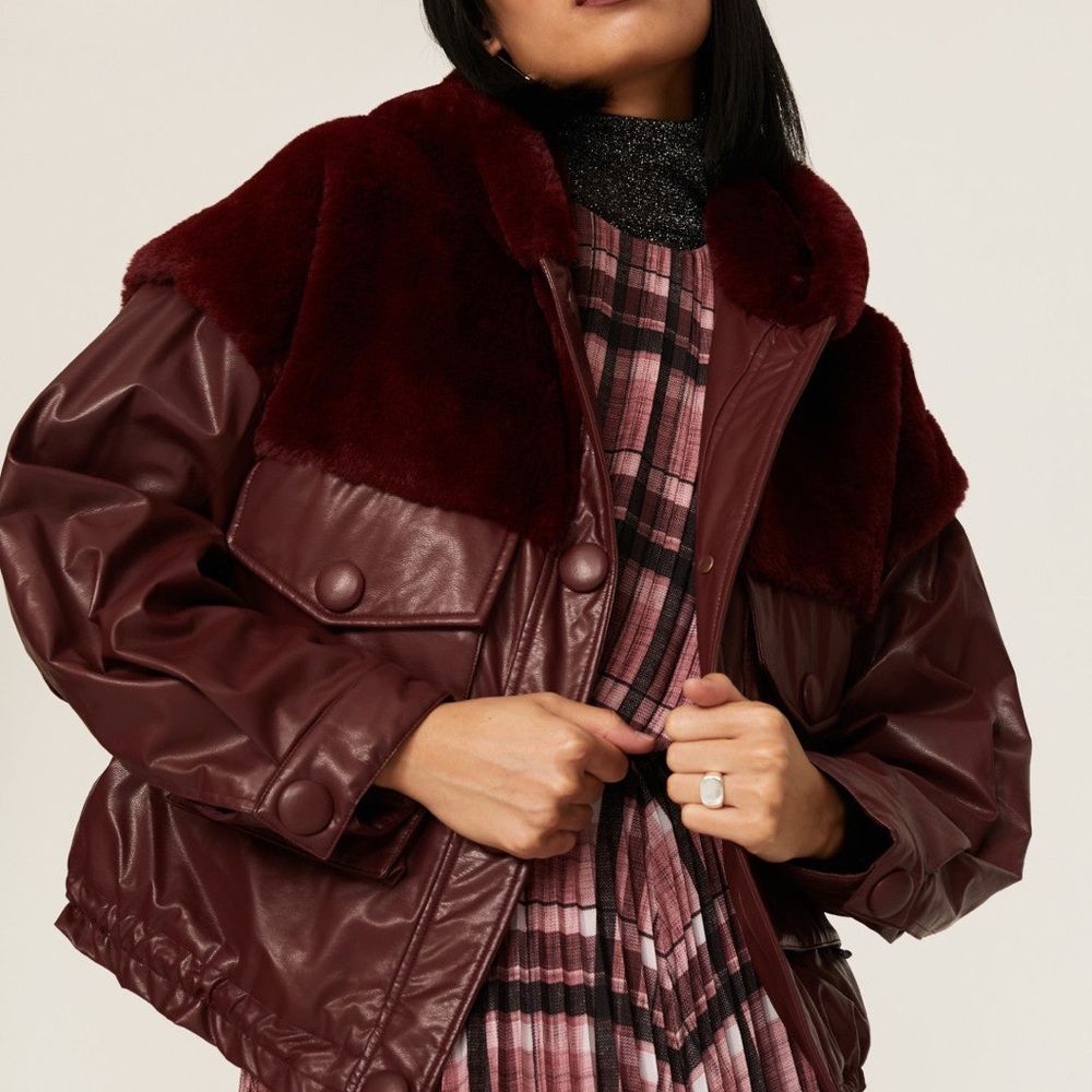 OOF Women's Burgundy Faux Leather Jacket Size 42/Medium